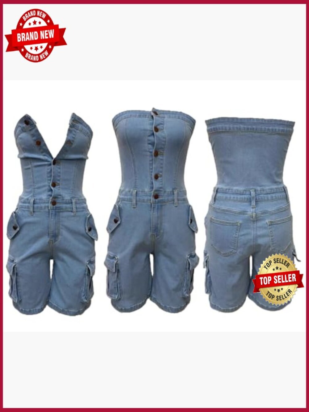 Strapless Denim Romper Sexy Sleeveless Cargo Shorts Jumpsuit - Picture 4 of 7